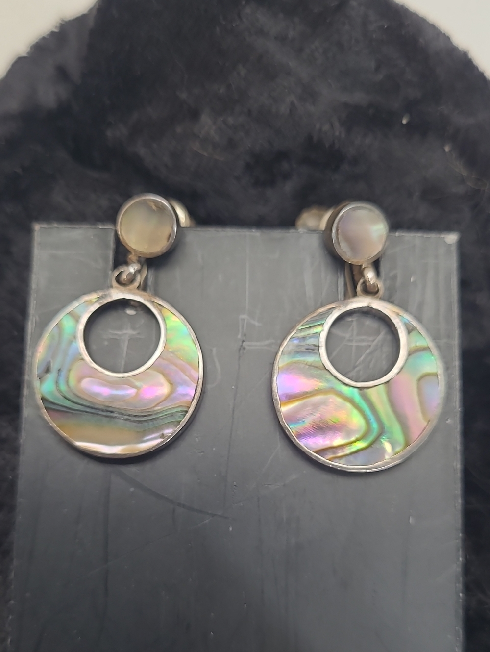 Taxco Sterling Abalone Shell Circle Drop Earrings